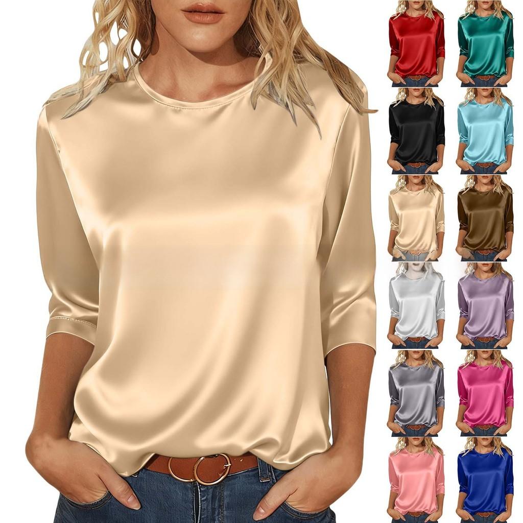 Womens Satin T Shirt With Spliced Design For Casual Wear