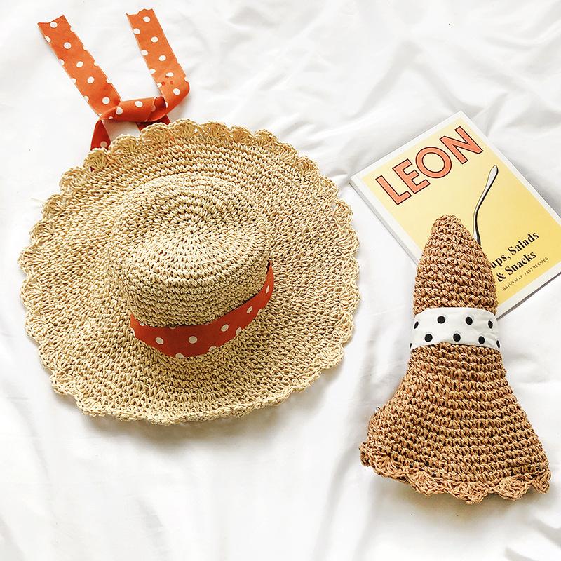 Соломенная шляпа с ремешком, женская летняя пляжная шляпа в горошек со шнуровкой, маленькая, свежая, для отдыха на море, солнцезащитная шляпа с козырьком