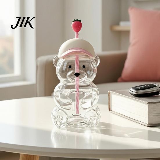 Heat Resistant Borosilicate Glass 600ML Bear Tumbler with Lid & Straw, 20oz Drinking Transparent Shaped Cup for Iced Coffee, Boba Tea, Milk,