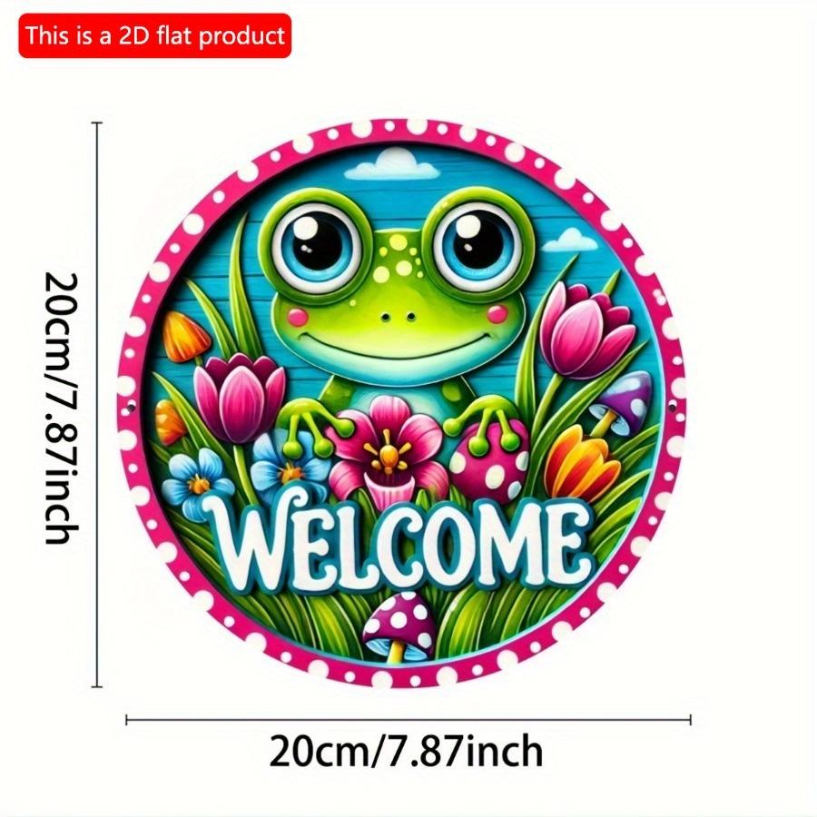 1 шт. 2d плоский деревянный знак - 20 см круглый приветственный знак с милой лягушкой и цветочной гирляндой для декора входной двери, металлический венок знак для домашнего сада