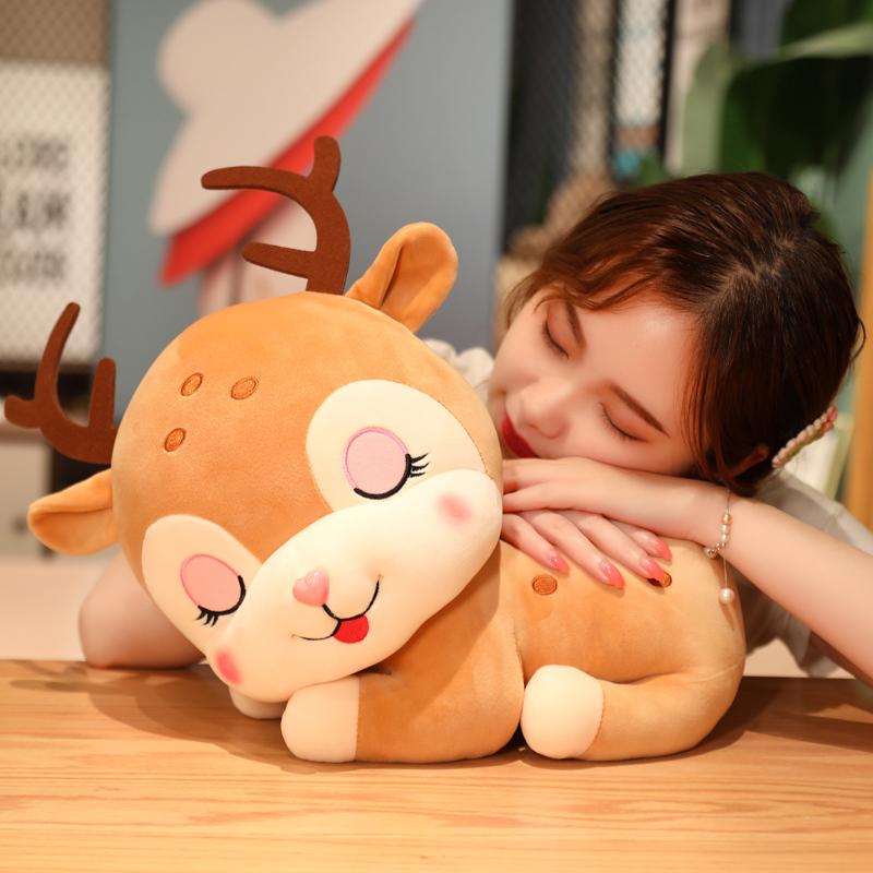 20-40cm Cute Sika Deer Plush Toy Stuffed Lying PillowCartoon Animals Face Soft Sleeping Elk Deer Girls Cushion Christmas Gift