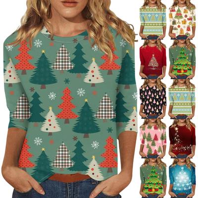 Женская мода повседневная рубашка с круглым вырезом и рождественским принтом, семь рукавов