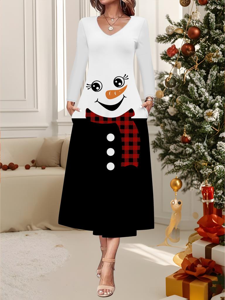 2025 Осень и Зима Новое Женское Повседневное Модное Платье 3D Принт Снеговика Длинный Рукав V-образный Вырез А-силуэт Рождественский Подарок