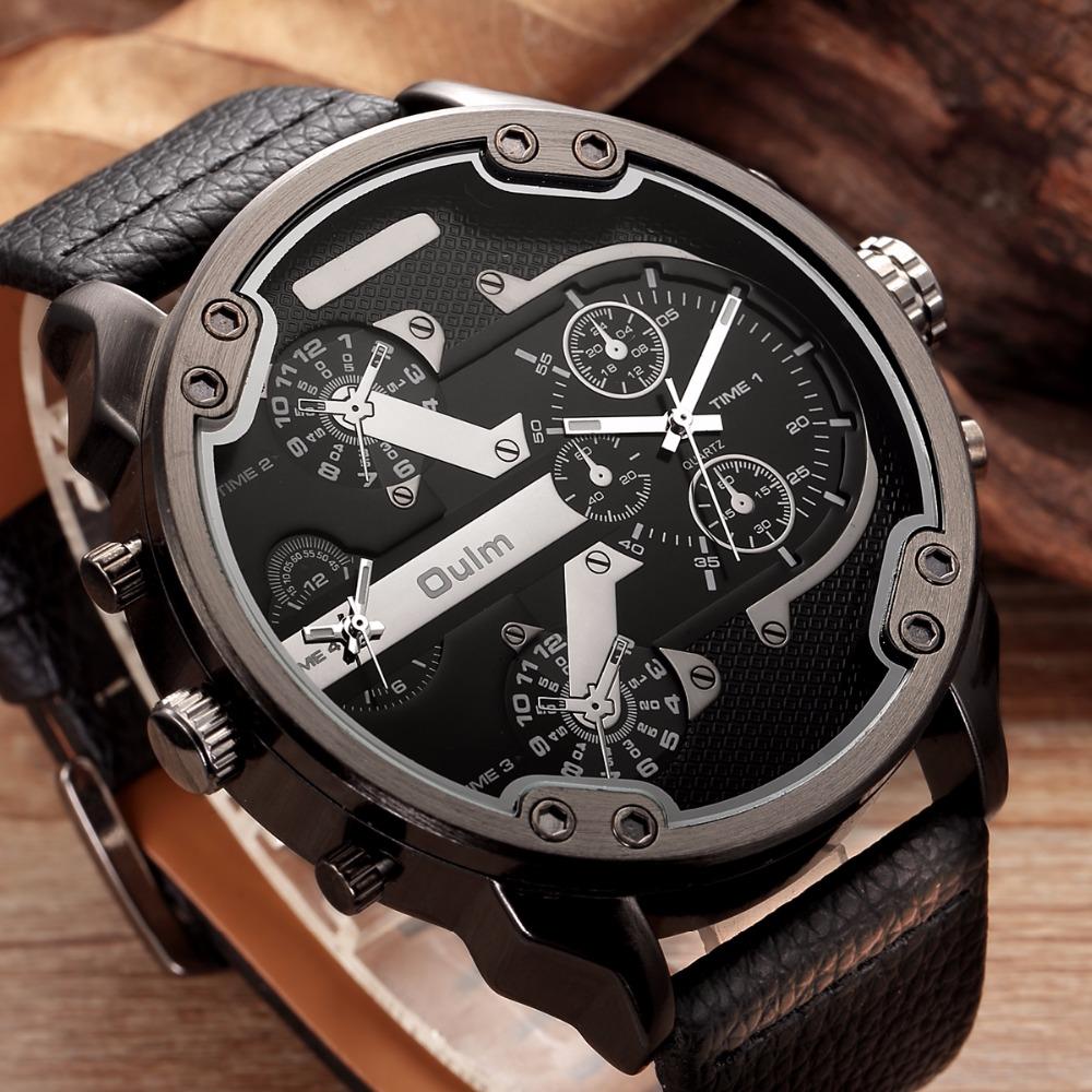 Мужские часы с большим циферблатом, двумя часовыми поясами, кварцевый механизм