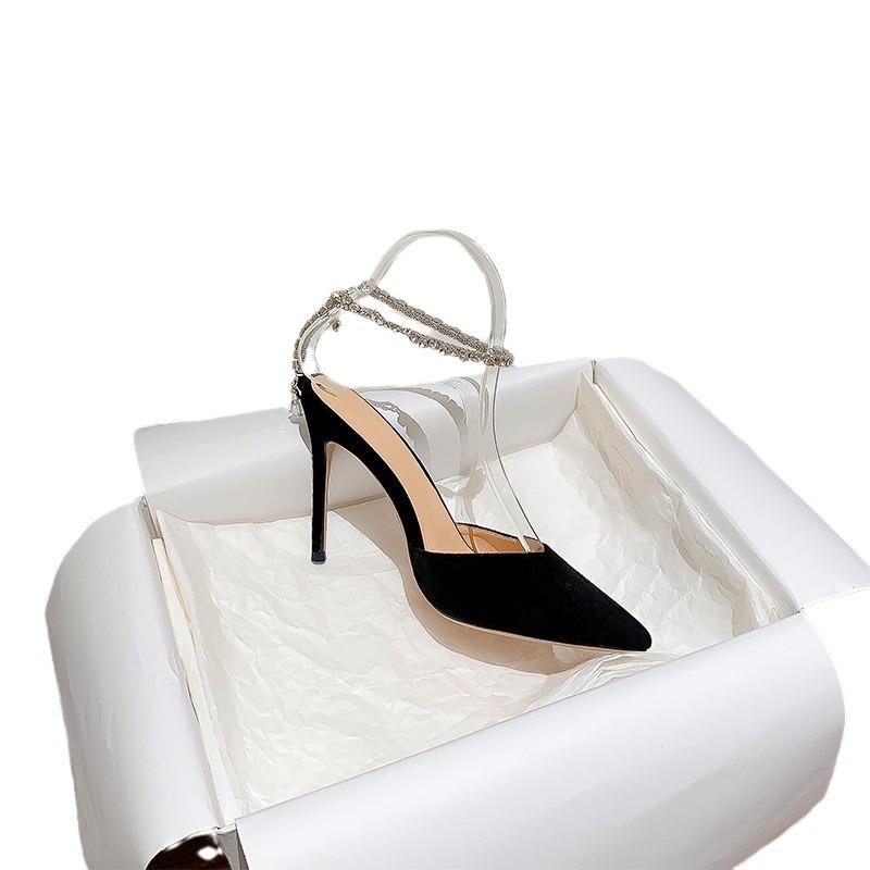 Черные босоножки со стразами 2024 года, новые летние босоножки Imperial Sister, нишевый дизайн, с заостренным носком, с сумкой на голове, с полыми шпильками, высокие каблуки для женщин