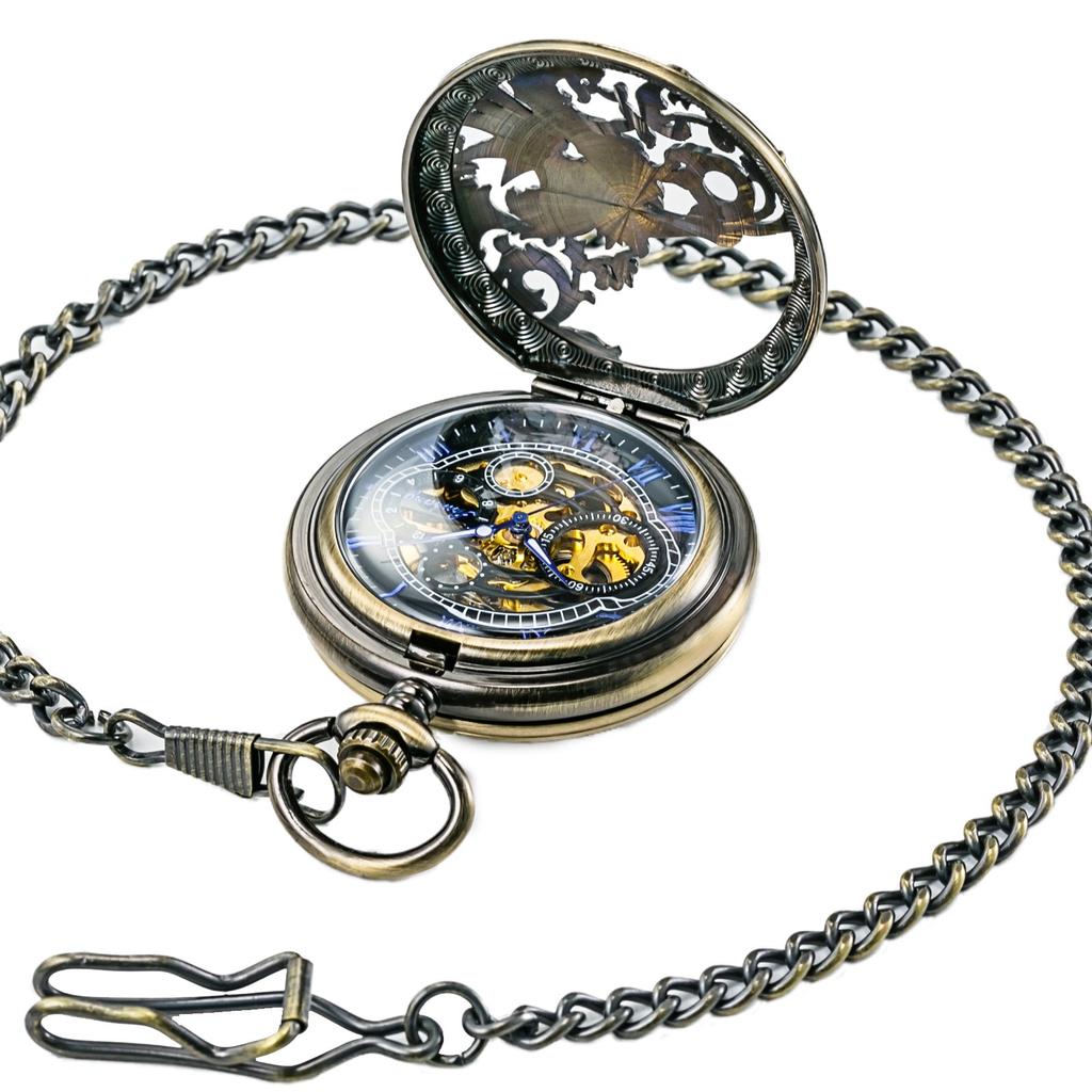 TREEWETO Механические карманные часы со скелетоном и цепочкой, ручной завод, двусторонняя крышка, кружево с драконом