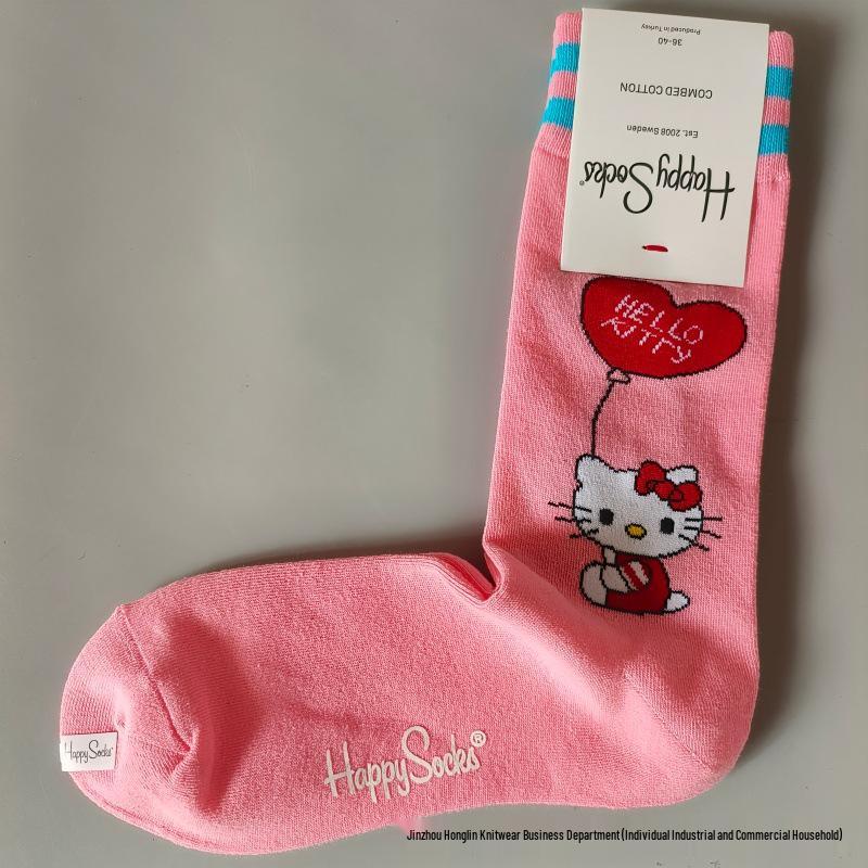 Хлопковые носки средней длины Sanrio x Happy Women's KT Cat - Модный мультяшный стиль для девочек