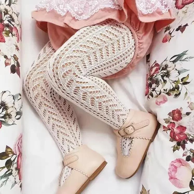 Детские колготки для новорожденных девочек, бесшовные леггинсы с ажурной вязкой и бантом, хлопковые колготки для малышек 0-4Т