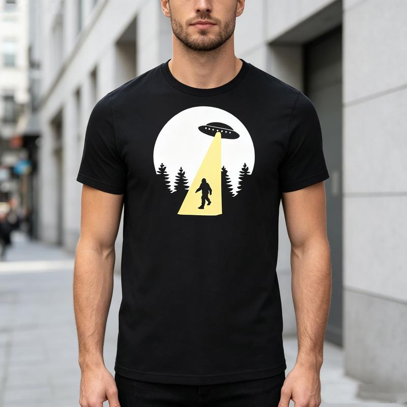 Unisexs UFO Sasquatch Bigfoot T Shirt Alien Moon Forest Graphic Tee Casual Cotton Short Sleeve For Outdoor And Sci Fi Fans