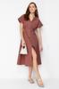 Women's Fashion New Dress Brown Waist Open Midi Woven Shirt Dress