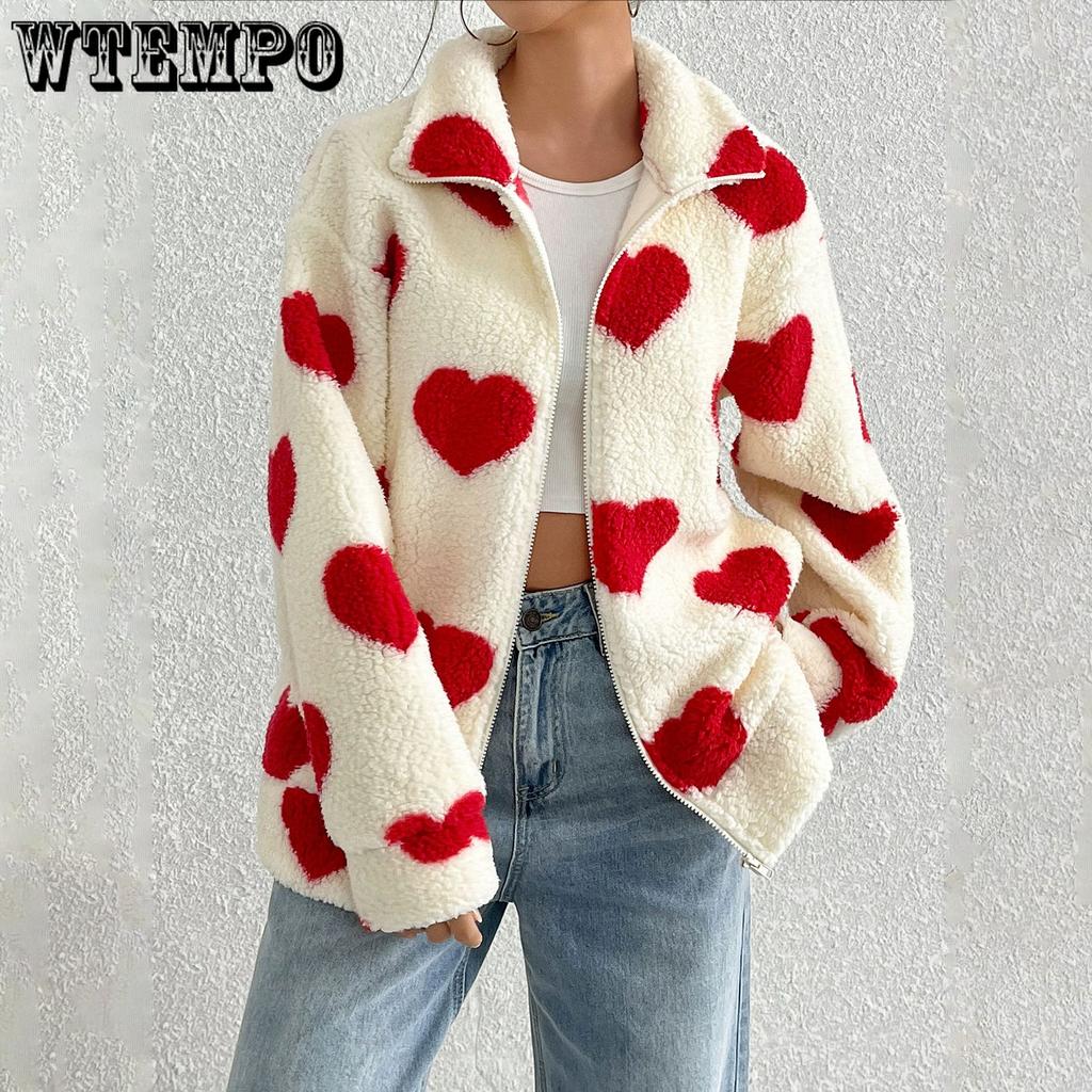 Autumn and Winter Women's Plush Love Printed Loose Long Sleeve Standing Collar Zipper Cardigan Short Jacket