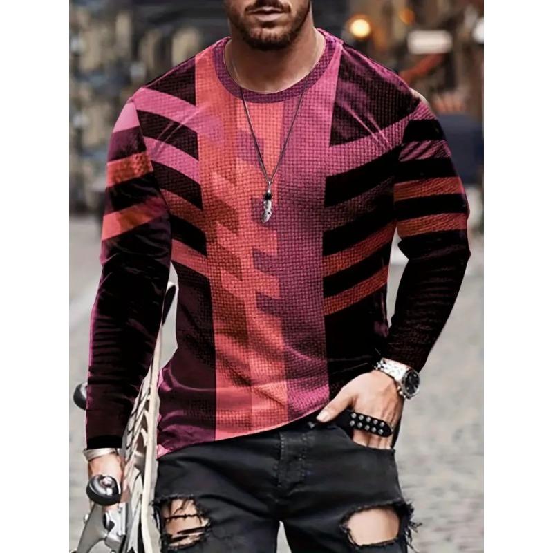 Trendy Retro Contrast Color Fabric Series 3D Printing Summer Round Neck Casual Long-sleeved T-shirt Fashionable Men's Clothing