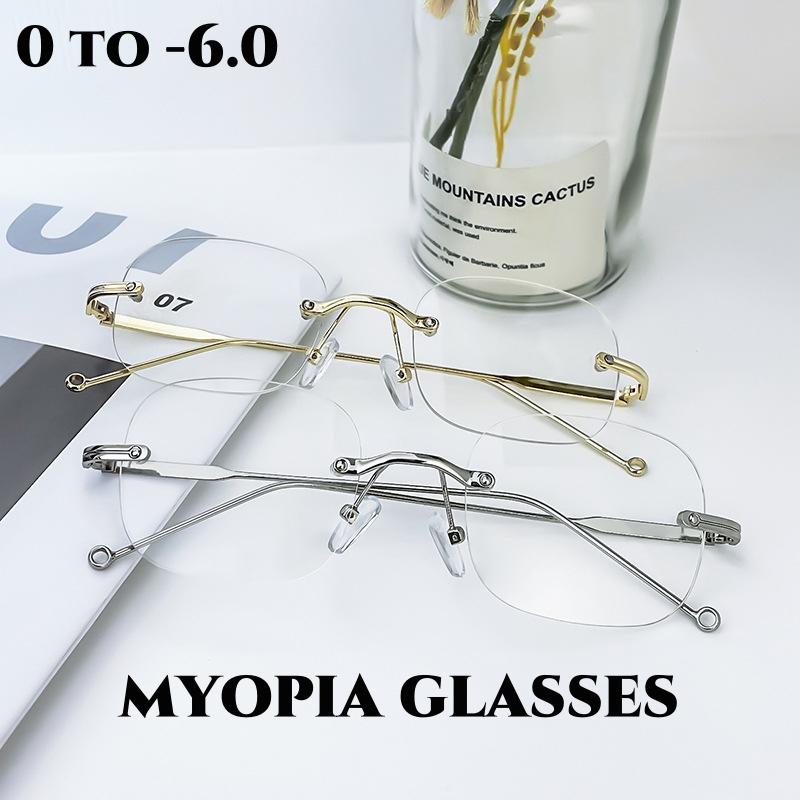 Frameless Ultra Light Myopia Glasses For Women'S Retro Anti Blue Near Sight Eyeglasses Metal Frame Square Small Frame Eyewear