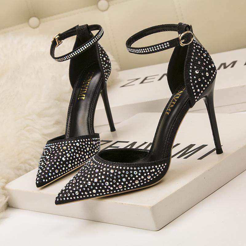 Туфли на высоком каблуке-шпильке с неглубоким ртом и заостренным ремешком, с полым словом и блестящими стразами, женские свадебные босоножки