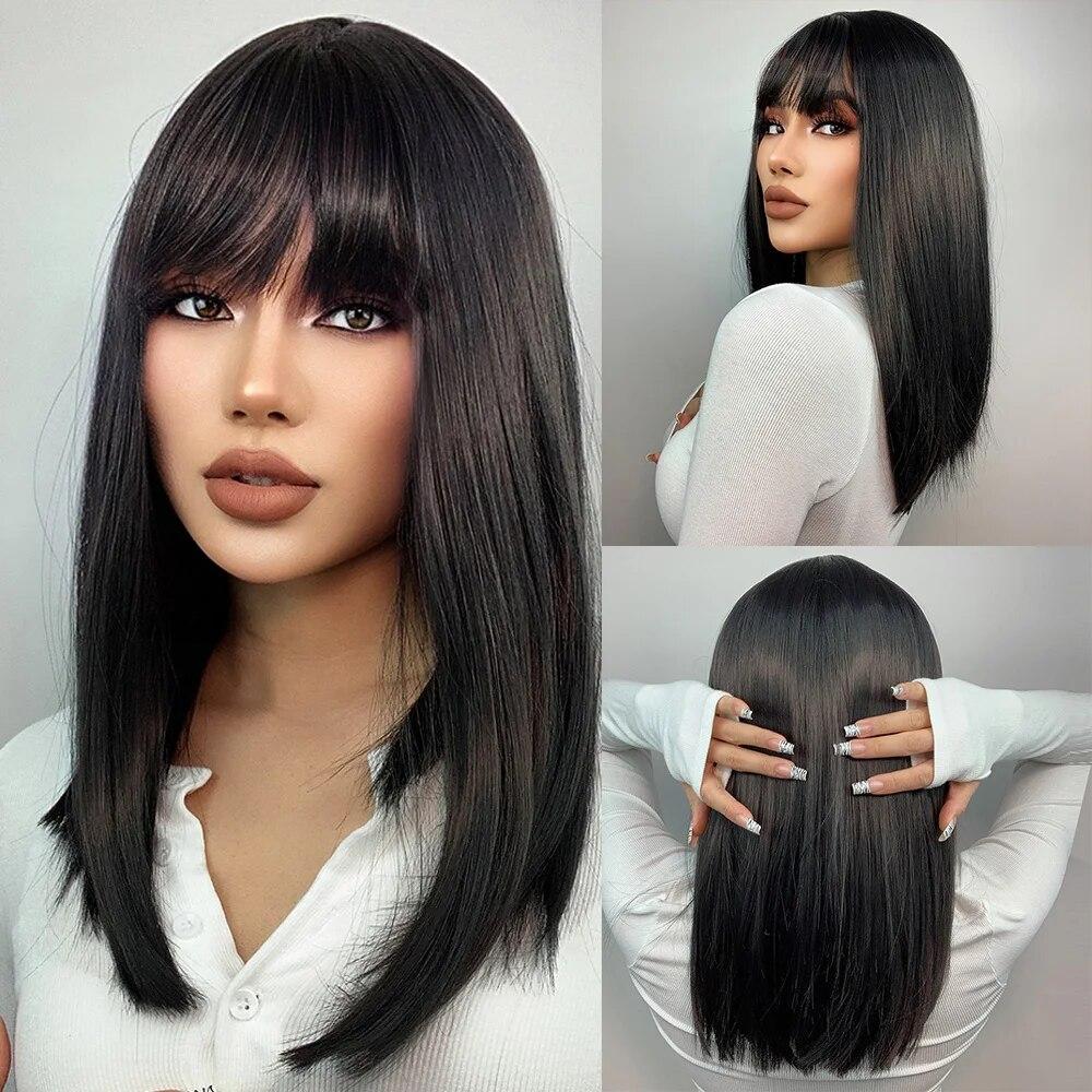 Purple Pink Ombre Black Short Straight Synthetic Wigs with Bangs Bob Wig for Women Daily Cosplay Party Heat Resistant Fake Hairs