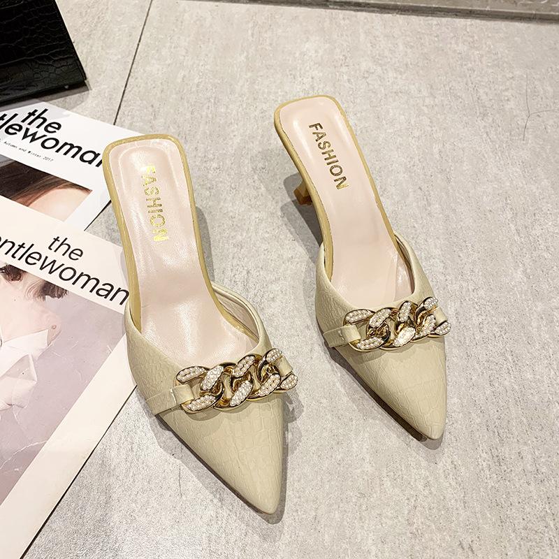 Баотоу полусабо 2024 лето новый верхняя одежда корейская версия туфли-стилеты на высоком каблуке женская металлическая пряжка остроносые модные женские туфли