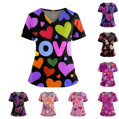 Женский День святого Валентина Принт V-образный вырез Двойной карман Короткие рукава Разрез по подолу Топ для ухода