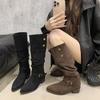 2025 осень и зима новая удобная универсальная обувь для наслаивания маленькие длинные сапоги плиссированная пряжка ремня замшевые сапоги