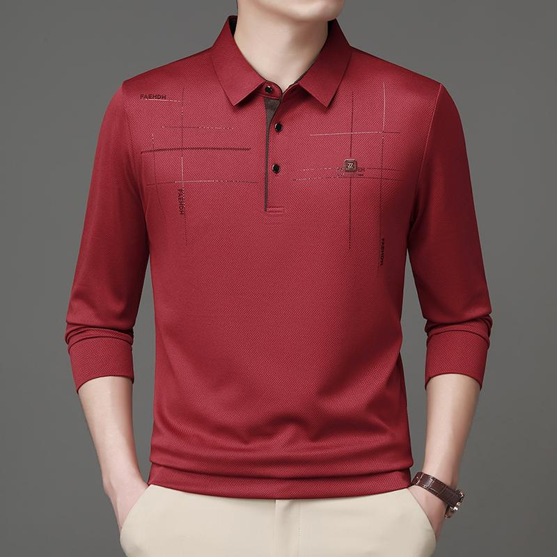 2025 Новинка Осени Мужская Футболка Поло с Длинным Рукавом для Среднего Возраста, Деловая, Удобная, Однотонная, с Воротником