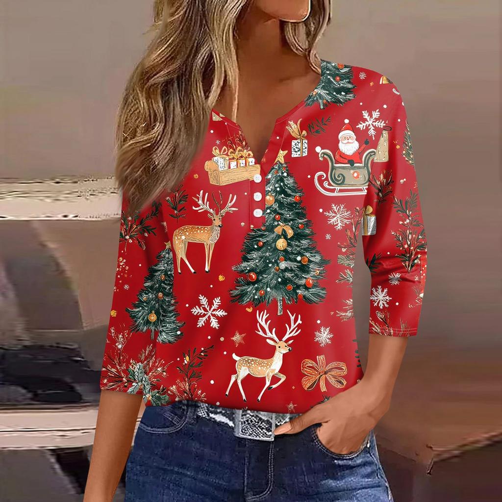 Женская футболка с рождественским принтом, на пуговицах, рукав 3/4, повседневная, выходного дня, модная, базовая, с V-образным вырезом, стандартный топ