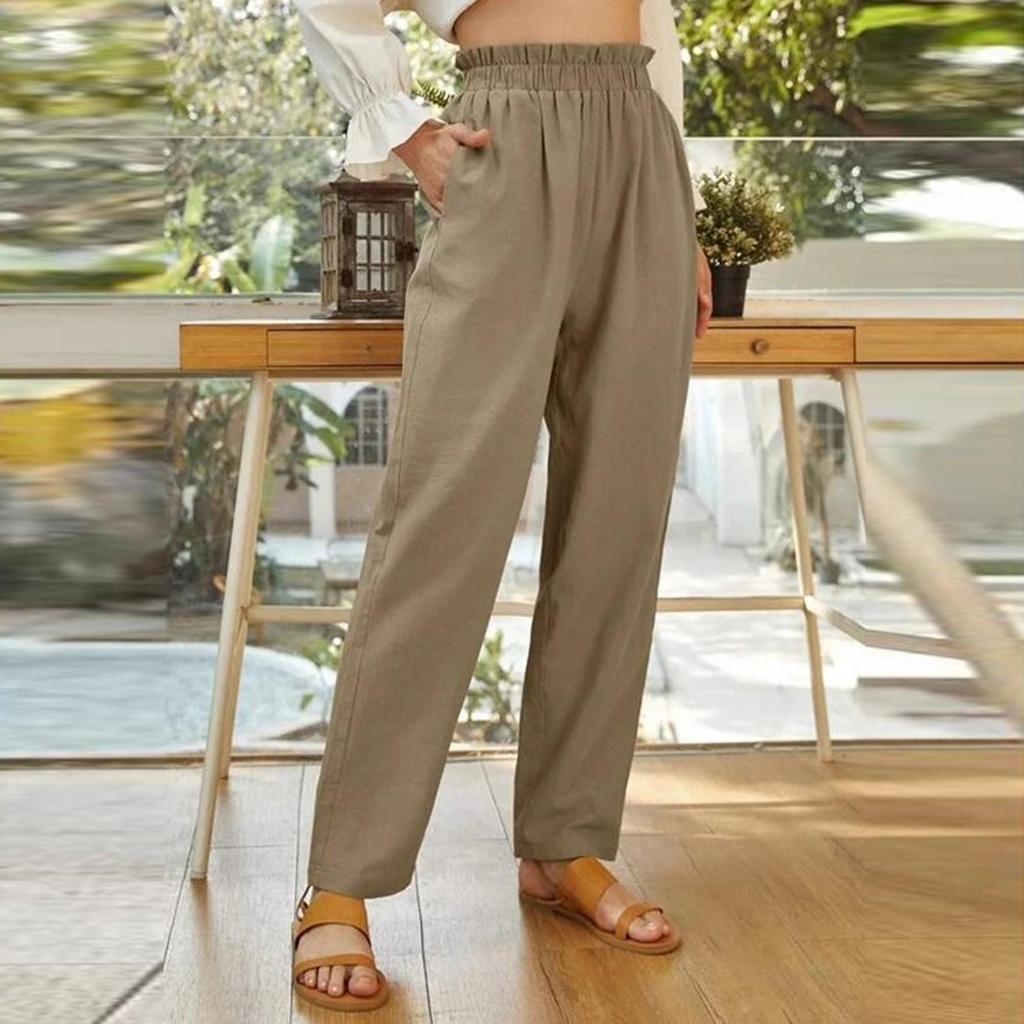 Women's Solid Color High Waist Cotton And Hemp Loose Pocket Leisure Time Trouser