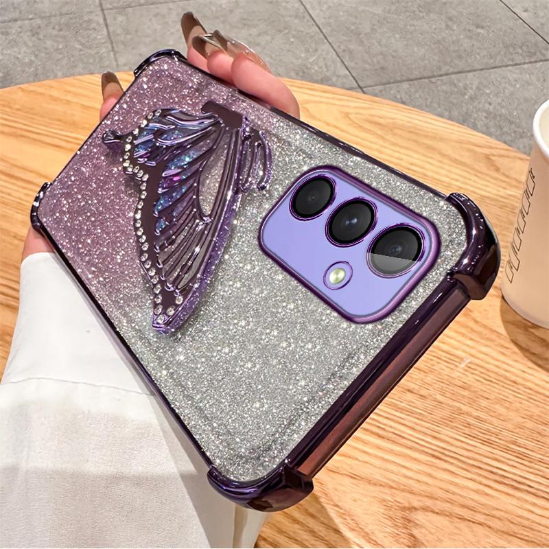 Блестящий чехол-подставка «Бабочка» для телефона Samsung S25 S24 23 S22 S21 Ultra Plus S25 S23 FE A17 A07 A06 A56 A36 A16 A55 A35 A25 A15 A54 A53 A14 A13