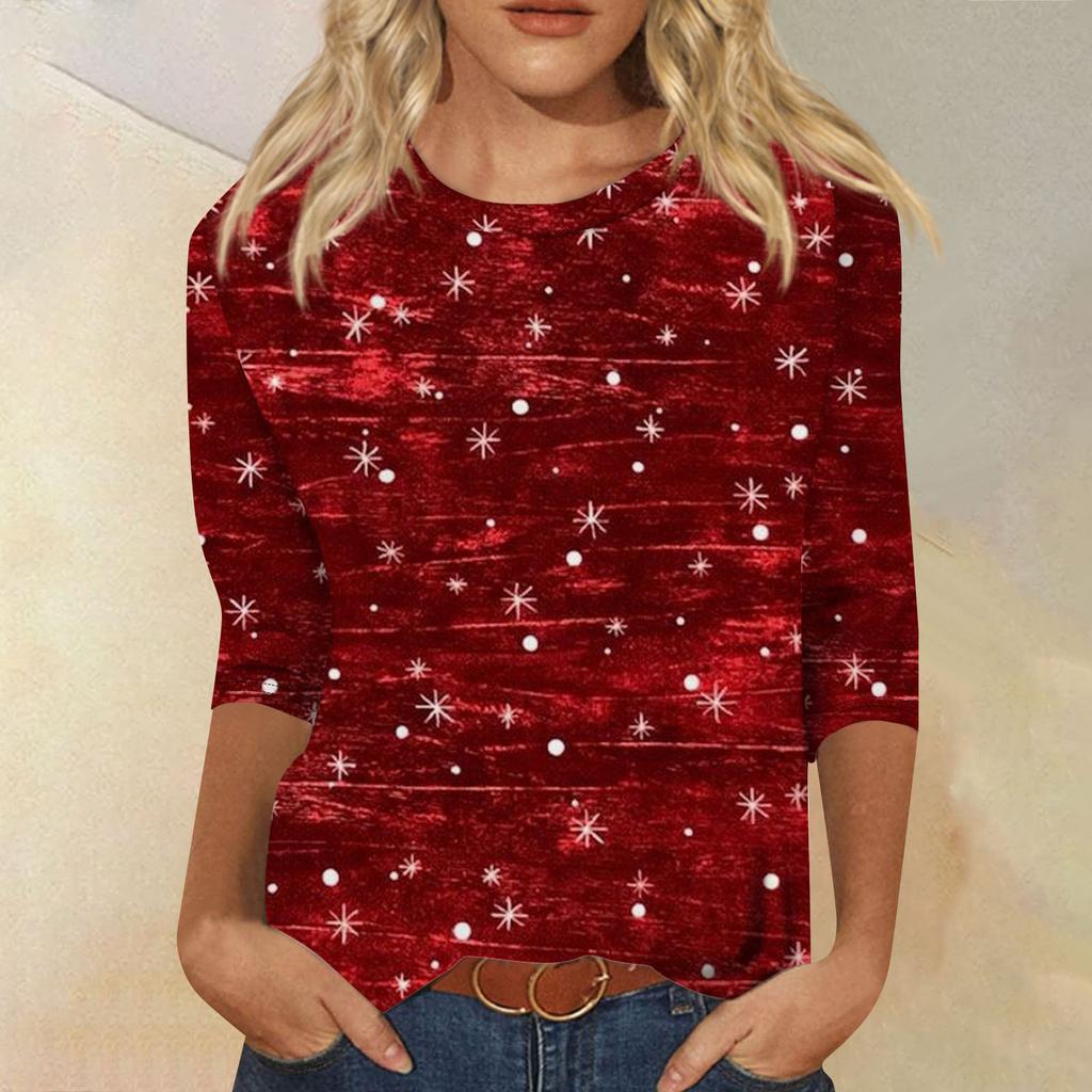 Women's Fashion Casual Seven Sleeve Christmas Printed Round Neck Top