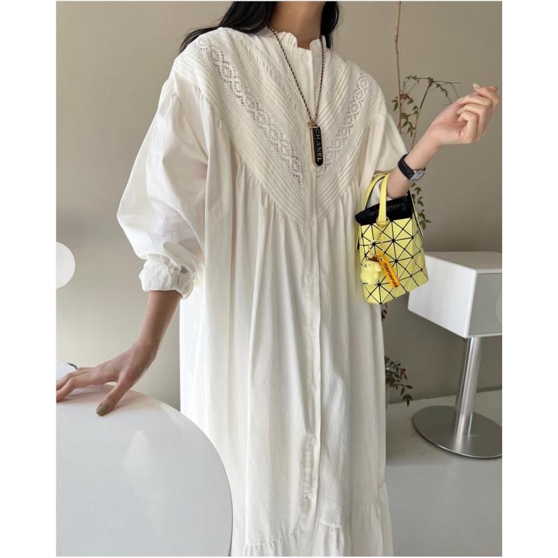 Johnature Fall Korean Pleated Lace Stitching Vintage Simple Lace Stitching Women Dress