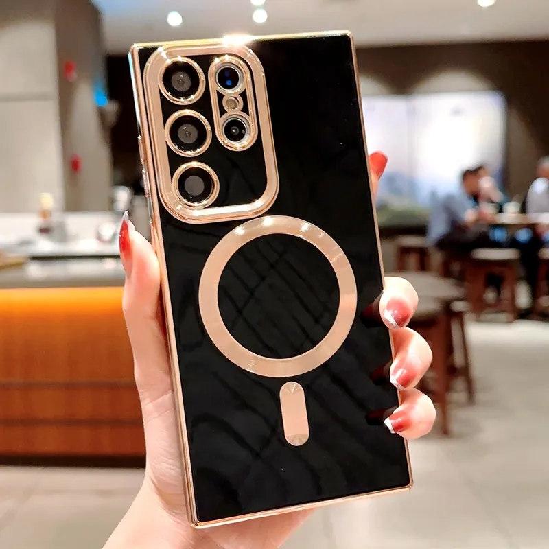 Роскошный магнитный чехол для телефона с беспроводной зарядкой для Samsung S21 S22 S23 Ultra Plus Magsafe, бампер, противоударный мягкий чехол
