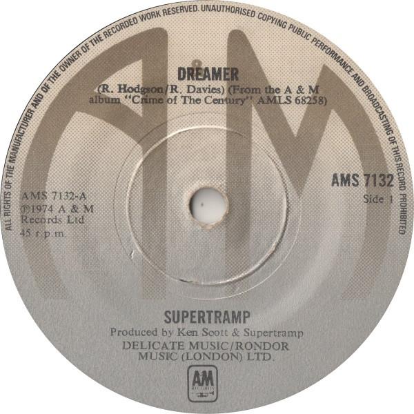7-дюймовая пластинка SUPERTRAMP Dreamer AMS7132 AM Records 1974 UK Rock Б/у