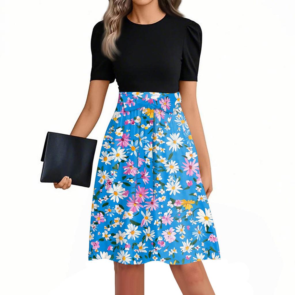 Women's Fashionable Casual Belt Short Sleeved Round Neck Printed Patchwork Dress