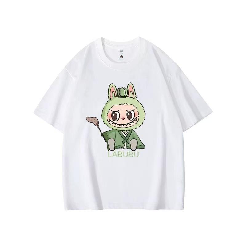 Летний топ с круглым вырезом и принтом с узором Лабубу, модная повседневная женская футболка с коротким рукавом из чистого хлопка