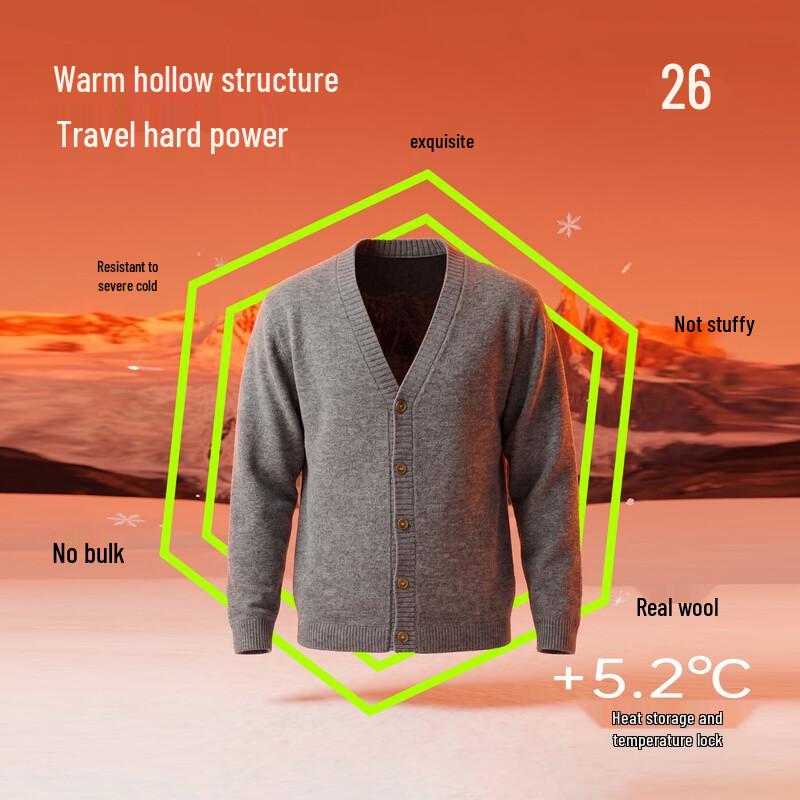 Hengyuanxiang Men's Pure Wool Thickened V-Neck Cardigan