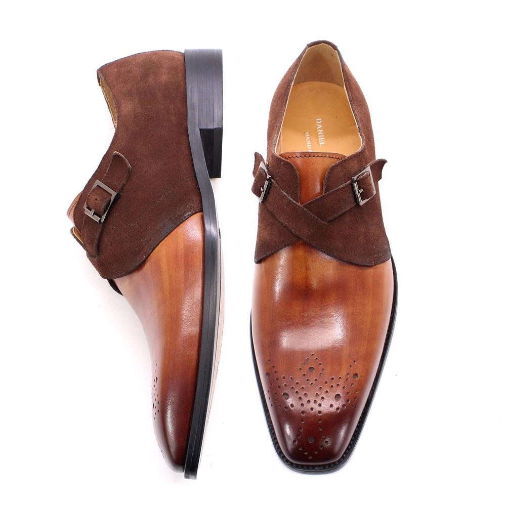 Fashion FELIX CHU Men's Classic Monk Strap Formal Shoes Genuine Leather Suede Oxford Brogue with Buckle Detail for Wedding Dress Shoes
