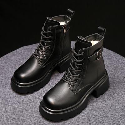 2025 зимние женские ботинки Мартин на платформе из мягкой кожи, британские хлопковые ботинки, толстый каблук, короткие ботинки, хлопковая обувь, наслоенные утолщенные зимние ботинки