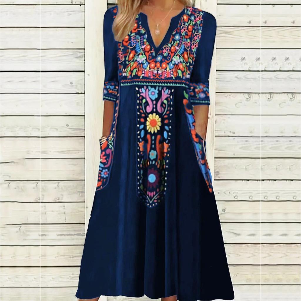 Women Spring Summer Dress V Neck Three Quarter Sleeves Retro Ethnic Style Print Bohemian A-line Loose Hem Pockets Mid-calf Length Midi Dress