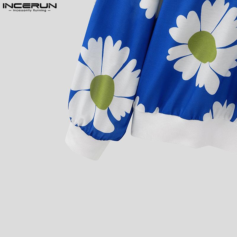 INCERUN Мужские весенние тонкие толстовки с длинным рукавом и круглым вырезом в стиле пэчворк с цветочным принтом