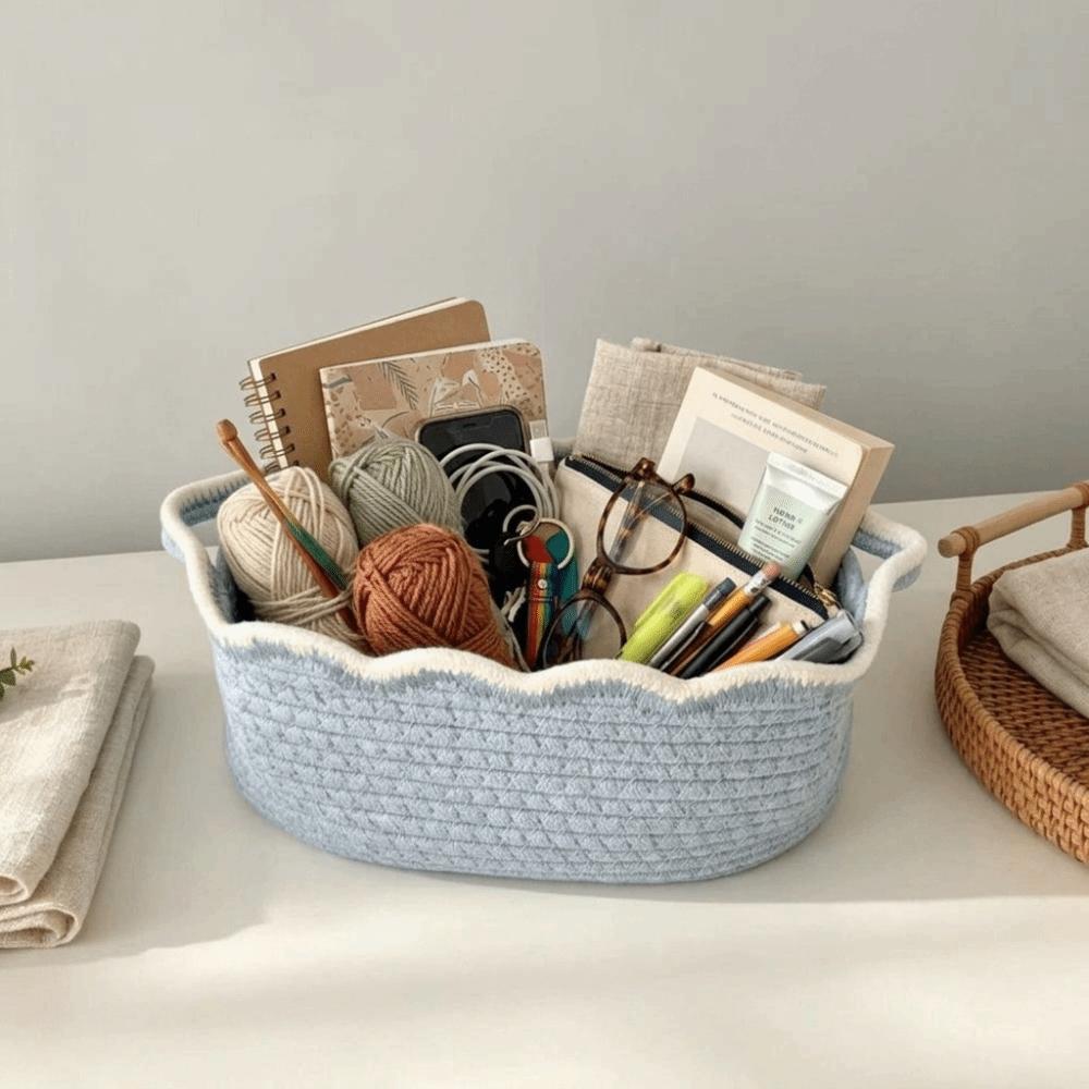 Oval Ins Desktop Storage Box With Handles Laundry Hamper Cotton Rope Woven Basket Living Room