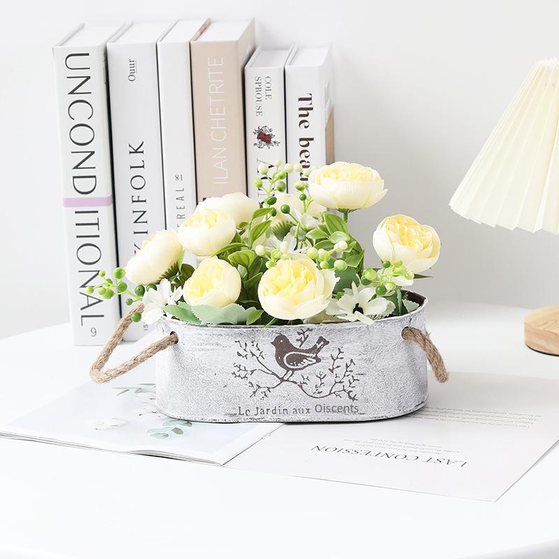 Винтажный овальный металлический цветочный горшок с пеньковой веревкой для суккулентов и зеленых растений