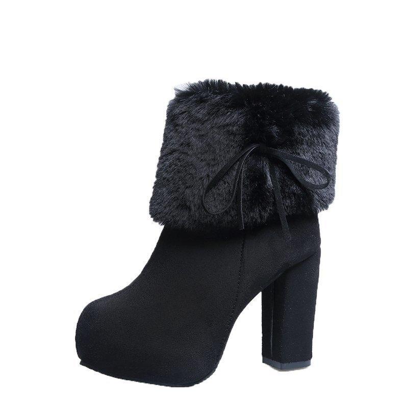 2024 Осень/Зима Новые Сапоги на толстом каблуке, повседневная мода, замша, перевернутый бархат, теплая женская обувь