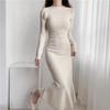 Women Knitting Mermaid Dress Autumn Winter Long Sleeve Half High Collar Solid Elegant Slim Vintage Pullover Sweater Dress