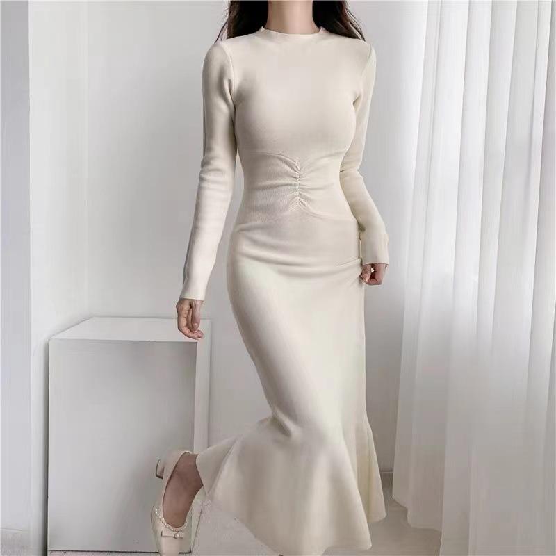 Women Knitting Mermaid Dress Autumn Winter Long Sleeve Half High Collar Solid Elegant Slim Vintage Pullover Sweater Dress