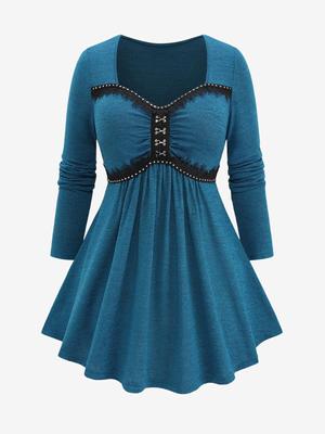 Rosegal Plus Size Пряжки Заклепки Кружевная Отделка Оборки Рюшами Марлевый Длинный Рукав Топ
