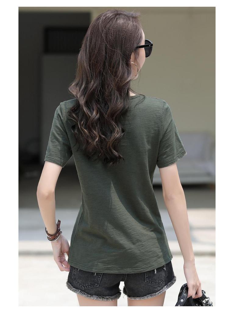 Женская летняя футболка 2024 года больших размеров в стиле ретро с V-образным вырезом и короткими рукавами - однотонная, простая, универсальная и модная.