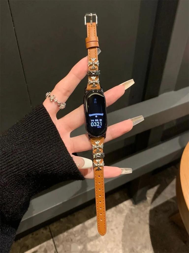 Ремешок из кожи с крестообразным металлическим ремешком для Xiaomi Band 9 - креативный кожаный ремешок в стиле ретро-панк для XIAOMI Mi Band 9/8/7/6/5/4/3/NFC/Mi Band 8pro/Redmi Watch4&5