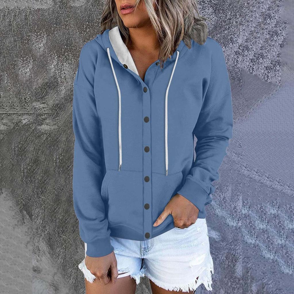 Women's Fashion Casual Solid Colour Button Hoodie Long Sleeve Sweatshirt Drawstring Jacket Coat