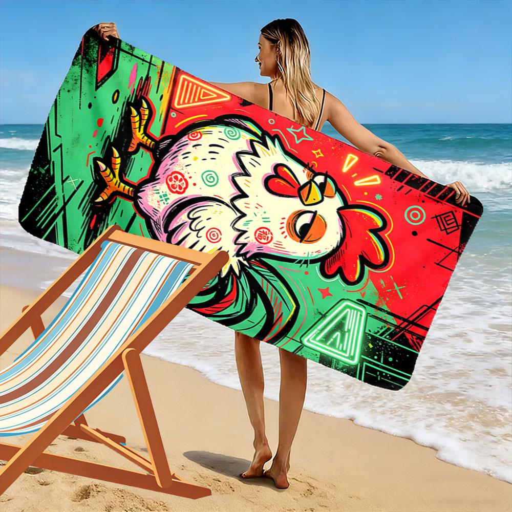 Vibrant whimsical rooster vibes Print beach towel, quick drying, suitable for travel, outdoor sports, jogging, the beach and swimming, gift
