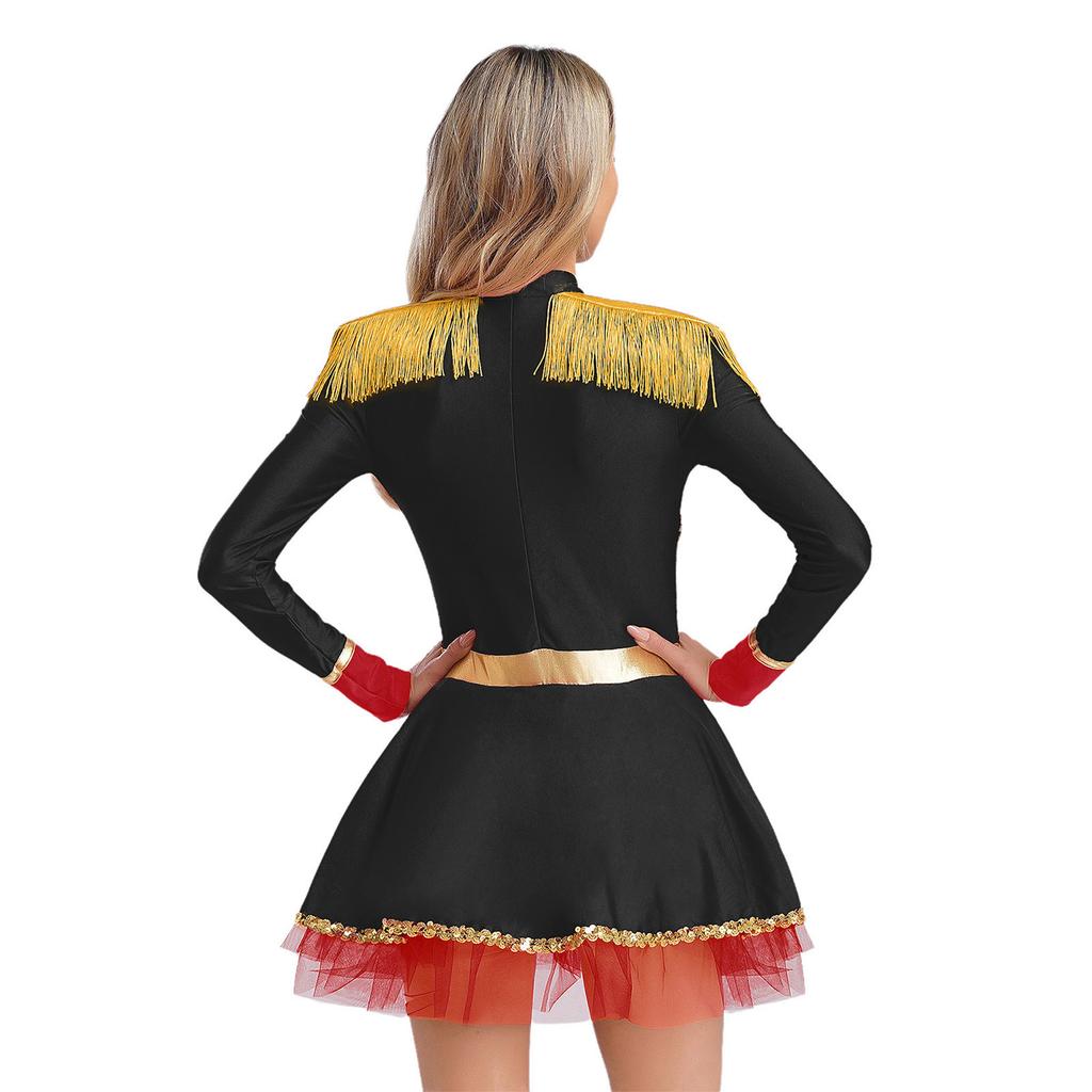 Women Circus Ringmaster Bodysuit Dress Long Sleeves Fringe Shoulder Patches Sparkly Sequins Halloween Costume