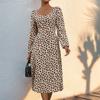Ladies Spring Autumn Lantern Sleeve Square Collar Bandage Back Leopard Split One Piece Dress