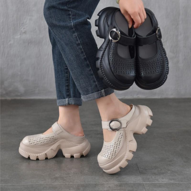 Johnature Легкие тапочки из натуральной кожи с толстой подошвой и круглым носком, дышащие женские туфли с отверстиями